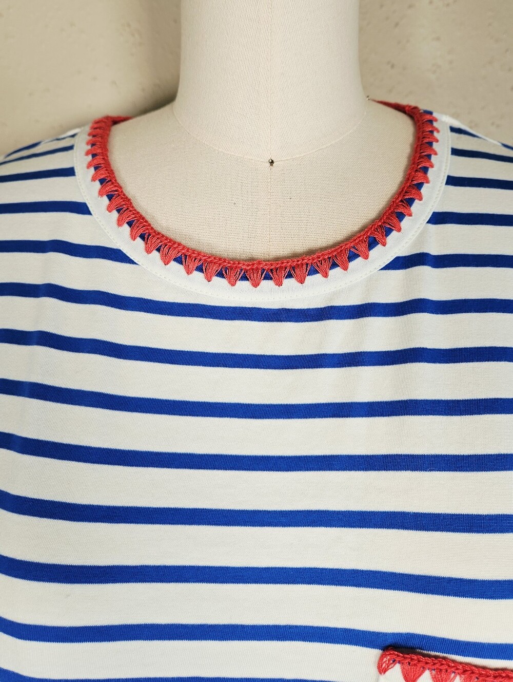 Boden Blanket Stitch Boxy Striped Top Small Blue White Cotton Long Sleeve - Picture 3 of 11